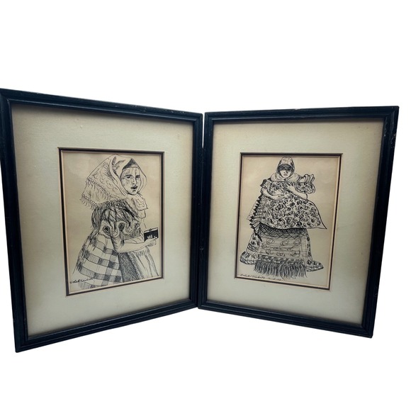Vintage Orig Ink Drawings Framed Matted 1943 Ethel Trebits cultural garment Folk - Picture 1 of 9